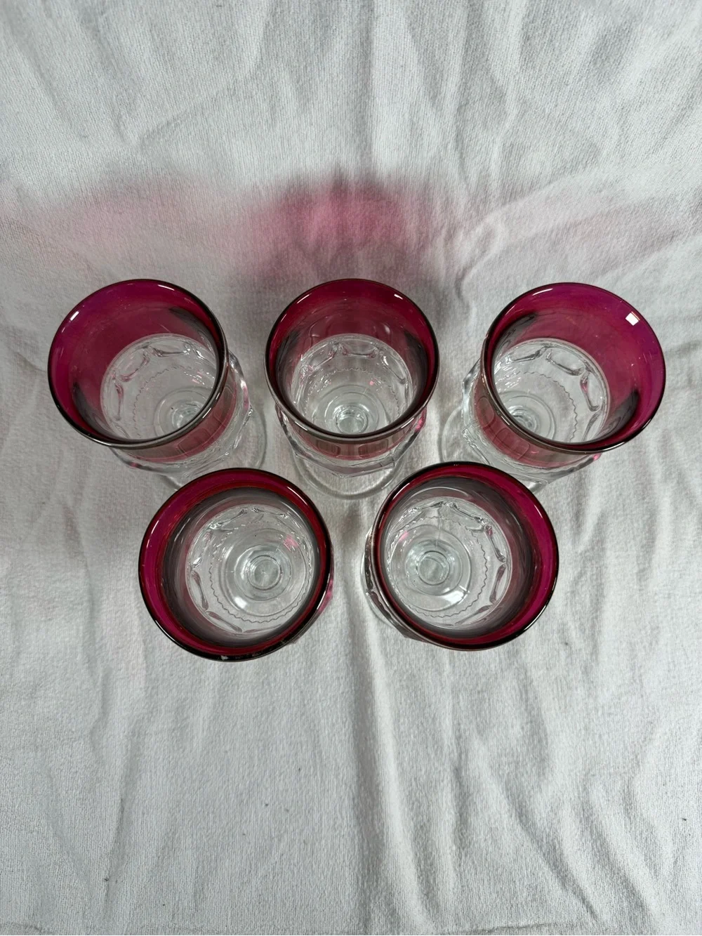 Vintage Set of 5 Tiffin Kings Crown Ruby Red Thumbprint Goblet Glasses